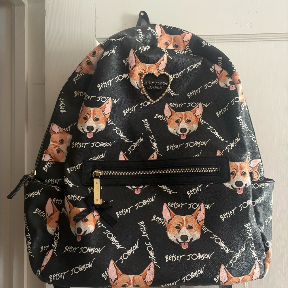 Betsey Johnson Black and Tan Corgi Dog Pattern Backpack